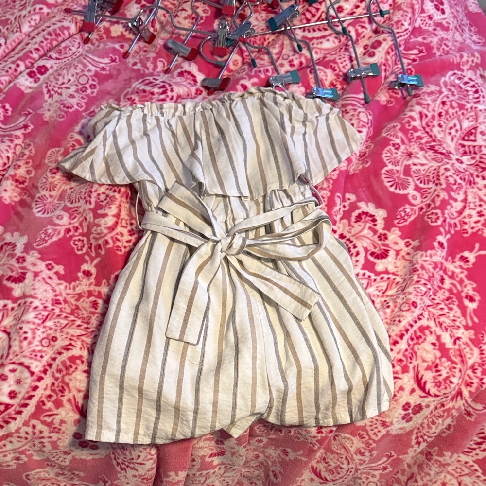 Le Lis Off-Shoulder Striped Jumpsuit - Cream and Gray